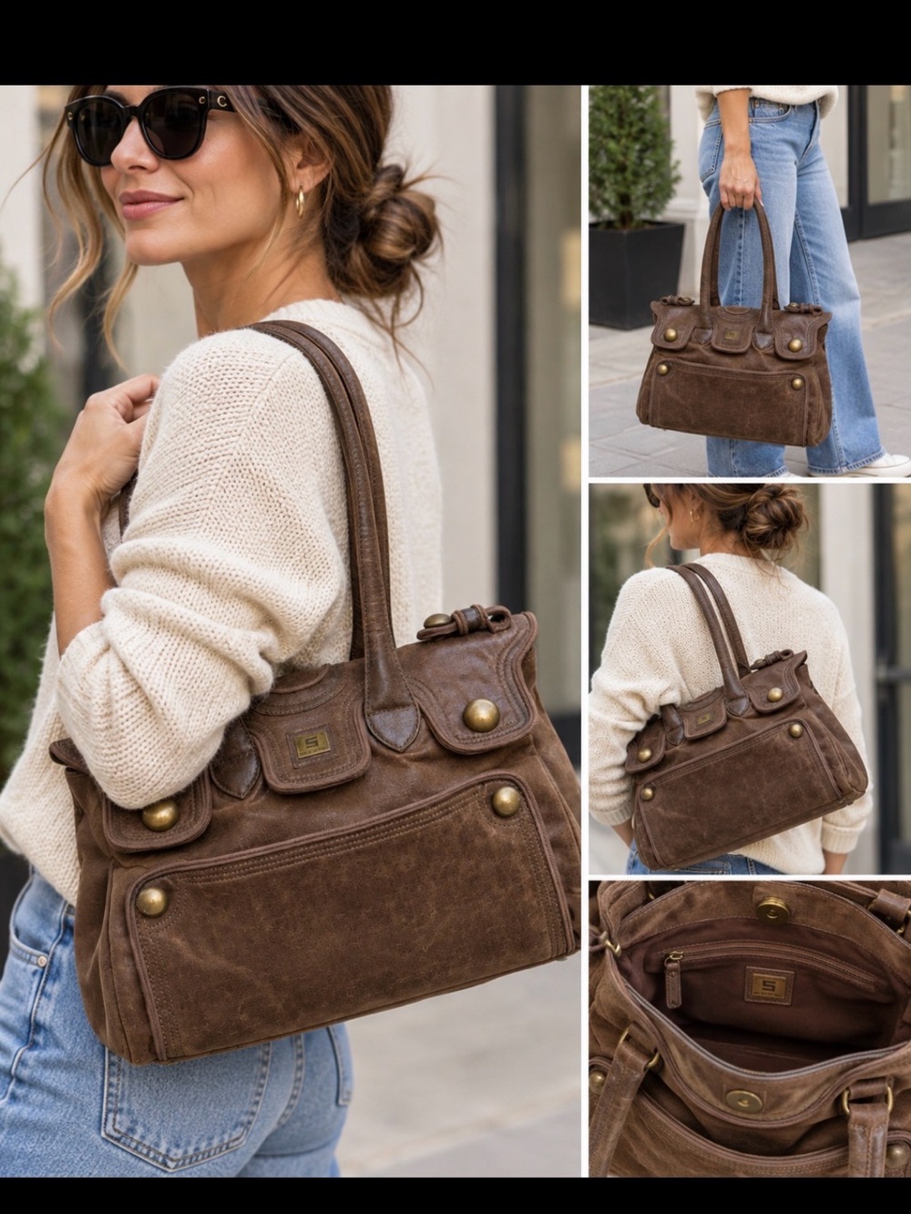 Vintage Sisley Y2K Oversized Brown Studded Shoulder Bag Satchel